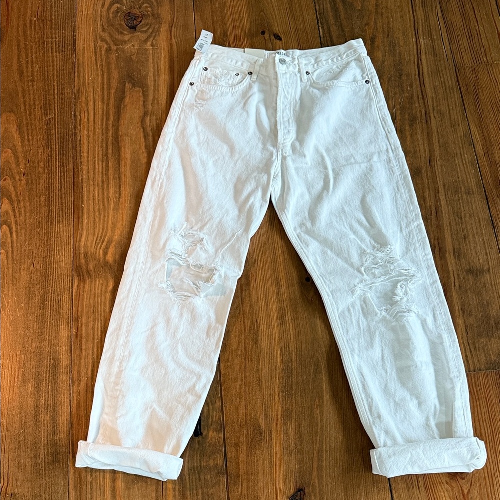Aritzia Agolde Mid Rise Loose fit White Distressed Jeans Size 27 NWT